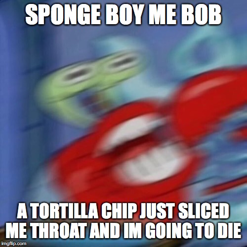 mr crabs | SPONGE BOY ME BOB; A TORTILLA CHIP JUST SLICED ME THROAT AND IM GOING TO DIE | image tagged in mr crabs | made w/ Imgflip meme maker