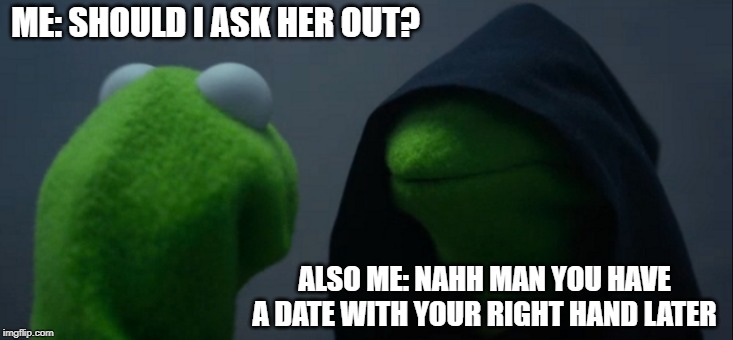 Ask her out? | ME: SHOULD I ASK HER OUT? ALSO ME: NAHH MAN YOU HAVE A DATE WITH YOUR RIGHT HAND LATER | image tagged in memes,evil kermit | made w/ Imgflip meme maker