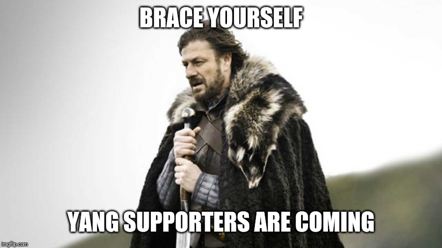 Brace yourself  | BRACE YOURSELF; YANG SUPPORTERS ARE COMING | image tagged in brace yourself | made w/ Imgflip meme maker