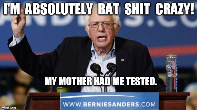 Bernie Sanders Ranting | I'M  ABSOLUTELY  BAT  SHIT  CRAZY! MY MOTHER HAD ME TESTED. | image tagged in bernie sanders ranting | made w/ Imgflip meme maker