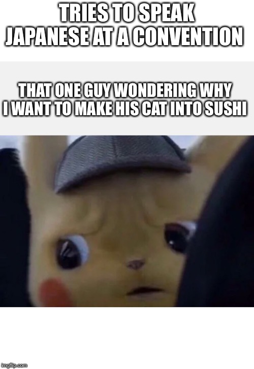 Doin me. Concerned pika | TRIES TO SPEAK JAPANESE AT A CONVENTION; THAT ONE GUY WONDERING WHY I WANT TO MAKE HIS CAT INTO SUSHI | image tagged in detective pikachu,memes,funny,haha | made w/ Imgflip meme maker