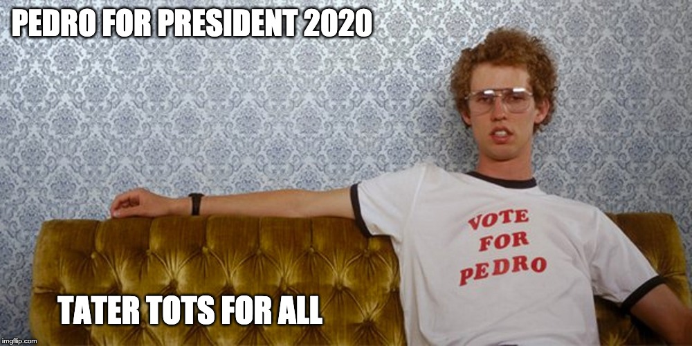 napoleon dynamite | PEDRO FOR PRESIDENT 2020; TATER TOTS FOR ALL | image tagged in napoleon dynamite | made w/ Imgflip meme maker