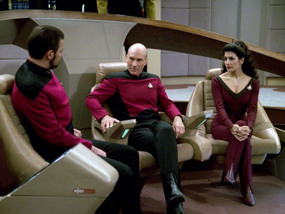 Riker Picard Troi chatting on the bridge Blank Meme Template