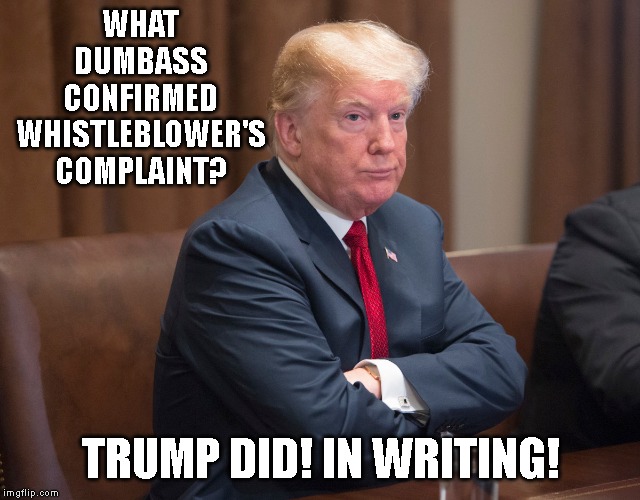 When are you going to fire yourself, dumbass? | WHAT DUMBASS CONFIRMED WHISTLEBLOWER'S COMPLAINT? TRUMP DID! IN WRITING! | image tagged in impeach trump,trump impeachment,impeachment,impeach,dumbass,donald trump is an idiot | made w/ Imgflip meme maker