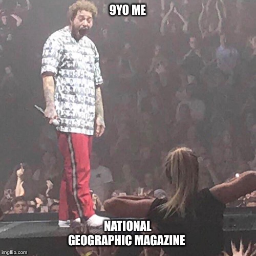 Post Malone happy | 9YO ME; NATIONAL GEOGRAPHIC MAGAZINE | image tagged in post malone happy | made w/ Imgflip meme maker