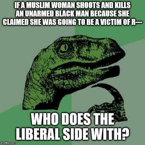 Hmmmmm. | IF A MUSLIM WOMAN SHOOTS AND KILLS AN UNARMED BLACK MAN BECAUSE SHE CLAIMED SHE WAS GOING TO BE A VICTIM OF R---; WHO DOES THE LIBERAL SIDE WITH? | image tagged in memes,philosoraptor,crime,liberals | made w/ Imgflip meme maker