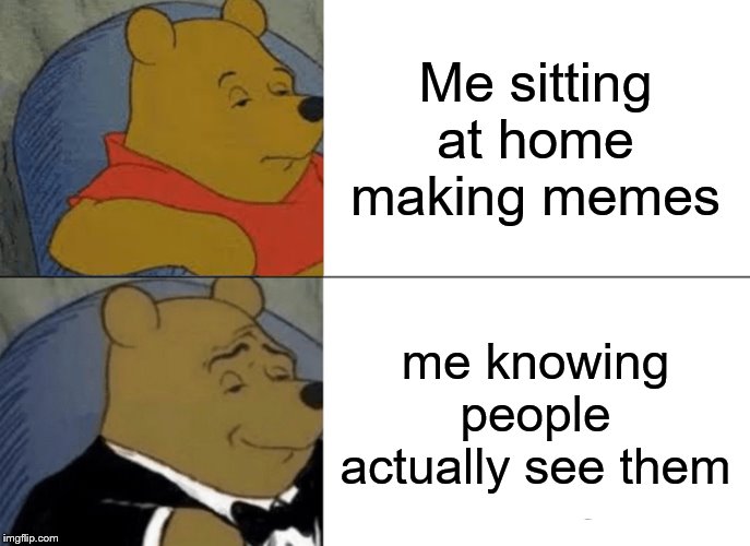 Tuxedo Winnie The Pooh Meme | Me sitting at home making memes; me knowing people actually see them | image tagged in memes,tuxedo winnie the pooh | made w/ Imgflip meme maker