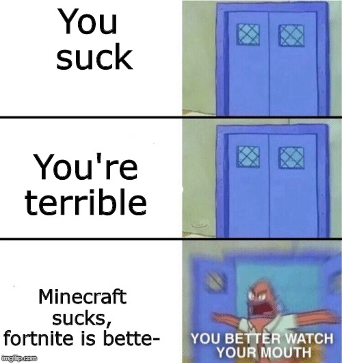 You better watch your mouth | You
 suck; You're terrible; Minecraft sucks, fortnite is bette- | image tagged in you better watch your mouth | made w/ Imgflip meme maker