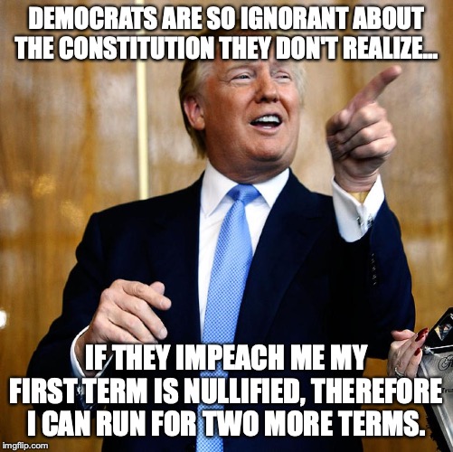 That time when you were so stupid you gave your political opponent THREE terms as President. | DEMOCRATS ARE SO IGNORANT ABOUT THE CONSTITUTION THEY DON'T REALIZE... IF THEY IMPEACH ME MY FIRST TERM IS NULLIFIED, THEREFORE I CAN RUN FOR TWO MORE TERMS. | image tagged in 2019,impeachment,donald trump,idiots,liberals,constitution | made w/ Imgflip meme maker