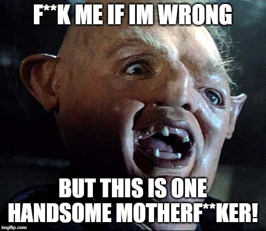 Sloth Goonies |  F**K ME IF IM WRONG; BUT THIS IS ONE HANDSOME MOTHERF**KER! | image tagged in sloth goonies | made w/ Imgflip meme maker