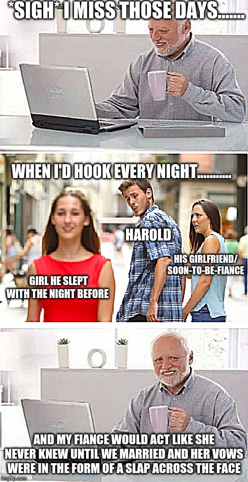Distracted Boyfriend + Hide the Pain Harold | *SIGH* I MISS THOSE DAYS....... WHEN I'D HOOK EVERY NIGHT........... HAROLD; HIS GIRLFRIEND/ SOON-TO-BE-FIANCE; GIRL HE SLEPT WITH THE NIGHT BEFORE; AND MY FIANCE WOULD ACT LIKE SHE NEVER KNEW UNTIL WE MARRIED AND HER VOWS WERE IN THE FORM OF A SLAP ACROSS THE FACE | image tagged in distracted boyfriend  hide the pain harold | made w/ Imgflip meme maker