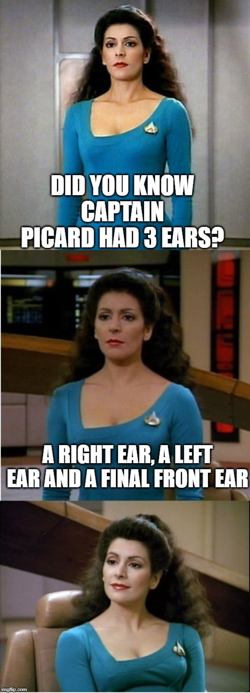 So Witty Deanna? | DID YOU KNOW CAPTAIN PICARD HAD 3 EARS? A RIGHT EAR, A LEFT EAR AND A FINAL FRONT EAR | image tagged in bad pun star trek | made w/ Imgflip meme maker