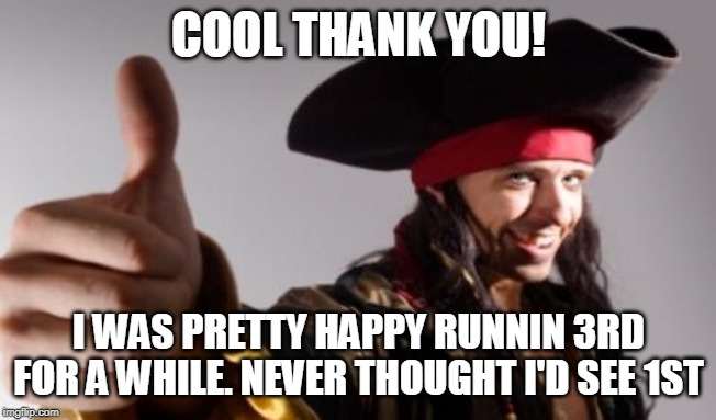 pirate thumbs up | COOL THANK YOU! I WAS PRETTY HAPPY RUNNIN 3RD FOR A WHILE. NEVER THOUGHT I'D SEE 1ST | image tagged in pirate thumbs up | made w/ Imgflip meme maker