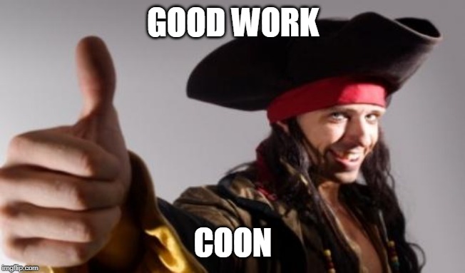 pirate thumbs up | GOOD WORK COON | image tagged in pirate thumbs up | made w/ Imgflip meme maker