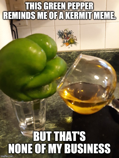THIS GREEN PEPPER REMINDS ME OF A KERMIT MEME. BUT THAT'S NONE OF MY BUSINESS | image tagged in kermit the frog | made w/ Imgflip meme maker