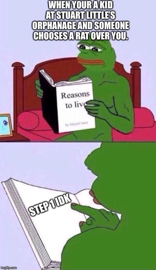 reasons to live pepe the frog | WHEN YOUR A KID AT STUART LITTLE’S ORPHANAGE AND SOMEONE CHOOSES A RAT OVER YOU. STEP 1 IDK | image tagged in reasons to live pepe the frog | made w/ Imgflip meme maker