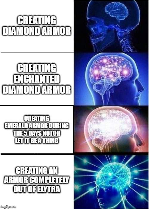 Expanding Brain Meme | CREATING DIAMOND ARMOR; CREATING ENCHANTED DIAMOND ARMOR; CREATING EMERALD ARMOR DURING THE 5 DAYS NOTCH LET IT BE A THING; CREATING AN ARMOR COMPLETELY OUT OF ELYTRA | image tagged in memes,expanding brain | made w/ Imgflip meme maker