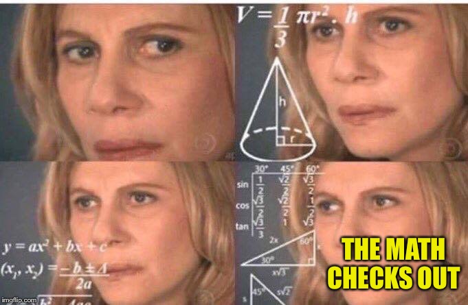 Math lady/Confused lady | THE MATH CHECKS OUT | image tagged in math lady/confused lady | made w/ Imgflip meme maker