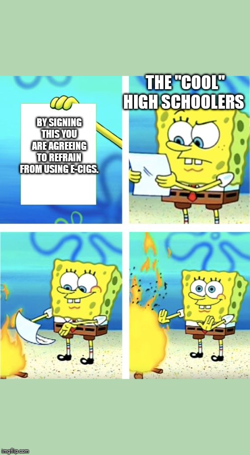 Spongebob Burning Paper | THE "COOL" HIGH SCHOOLERS; BY SIGNING THIS YOU ARE AGREEING TO REFRAIN FROM USING E-CIGS. | image tagged in spongebob burning paper | made w/ Imgflip meme maker