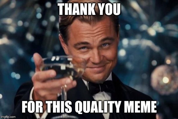 Leonardo Dicaprio Cheers | THANK YOU; FOR THIS QUALITY MEME | image tagged in memes,leonardo dicaprio cheers | made w/ Imgflip meme maker