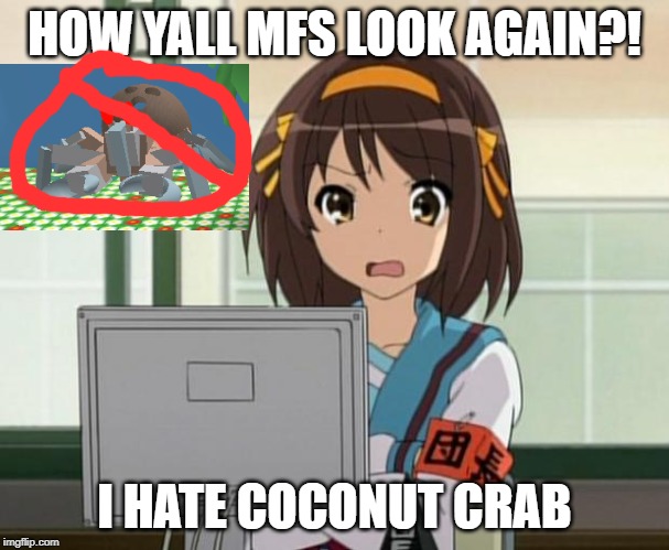 haruhi hates coconut crab!!! | HOW YALL MFS LOOK AGAIN?! I HATE COCONUT CRAB | image tagged in haruhi internet disturbed,coconut crab,bee swarm simulator | made w/ Imgflip meme maker
