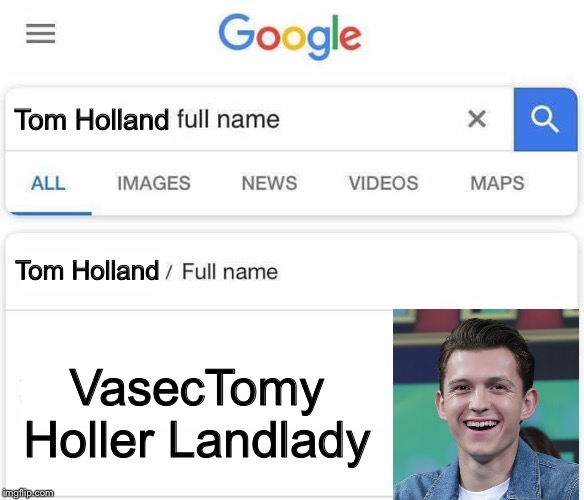 A Spider-Man by any other name... | Tom Holland; Tom Holland; VasecTomy Holler Landlady | image tagged in full name google,memes,funny,spiderman,tom holland | made w/ Imgflip meme maker