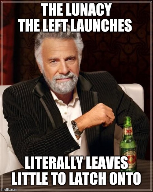The Most Interesting Man In The World Meme | THE LUNACY THE LEFT LAUNCHES LITERALLY LEAVES LITTLE TO LATCH ONTO | image tagged in memes,the most interesting man in the world | made w/ Imgflip meme maker