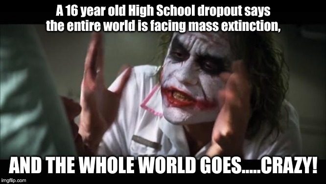 Crazy Minds | A 16 year old High School dropout says the entire world is facing mass extinction, AND THE WHOLE WORLD GOES.....CRAZY! | image tagged in memes,and everybody loses their minds,climate change | made w/ Imgflip meme maker