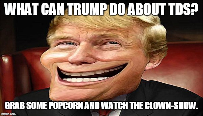trump troll face | WHAT CAN TRUMP DO ABOUT TDS? GRAB SOME POPCORN AND WATCH THE CLOWN-SHOW. | image tagged in trump troll face | made w/ Imgflip meme maker