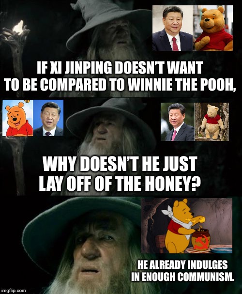 If Xi Jinping does not want to be compared to Winnie The Pooh, he should cut back on the sugar. | IF XI JINPING DOESN’T WANT TO BE COMPARED TO WINNIE THE POOH, WHY DOESN’T HE JUST LAY OFF OF THE HONEY? HE ALREADY INDULGES IN ENOUGH COMMUNISM. | image tagged in memes,confused gandalf,winnie the pooh,china,fat,communist | made w/ Imgflip meme maker