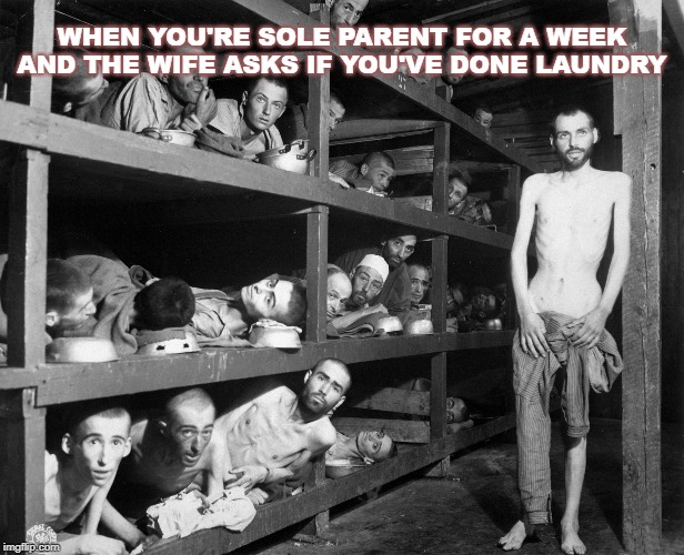 ..... | WHEN YOU'RE SOLE PARENT FOR A WEEK AND THE WIFE ASKS IF YOU'VE DONE LAUNDRY | image tagged in humor,dark humor,wife,kids,laundry | made w/ Imgflip meme maker