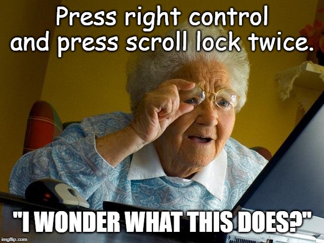 Grandma Finds The Internet Meme | Press right control and press scroll lock twice. "I WONDER WHAT THIS DOES?" | image tagged in memes,grandma finds the internet | made w/ Imgflip meme maker