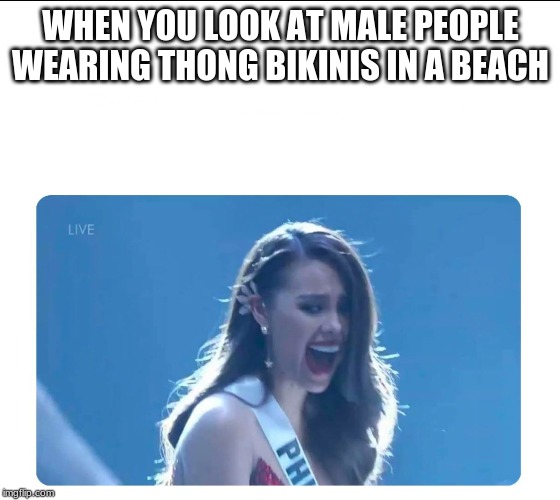 Miss Universe 2018 |  WHEN YOU LOOK AT MALE PEOPLE WEARING THONG BIKINIS IN A BEACH | image tagged in miss universe 2018,memes,thong | made w/ Imgflip meme maker