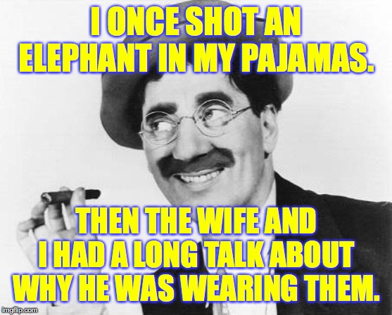 Marksmanship is the key to a successful relationship. | I ONCE SHOT AN ELEPHANT IN MY PAJAMAS. THEN THE WIFE AND I HAD A LONG TALK ABOUT WHY HE WAS WEARING THEM. | image tagged in groucho marx,memes,real housewives,poachers,spandex,found ivory | made w/ Imgflip meme maker