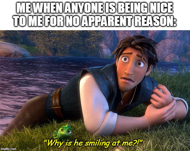 flynn rider why is he smiling at me | ME WHEN ANYONE IS BEING NICE TO ME FOR NO APPARENT REASON:; "Why is he smiling at me?!" | image tagged in flynn rider why is he smiling at me | made w/ Imgflip meme maker