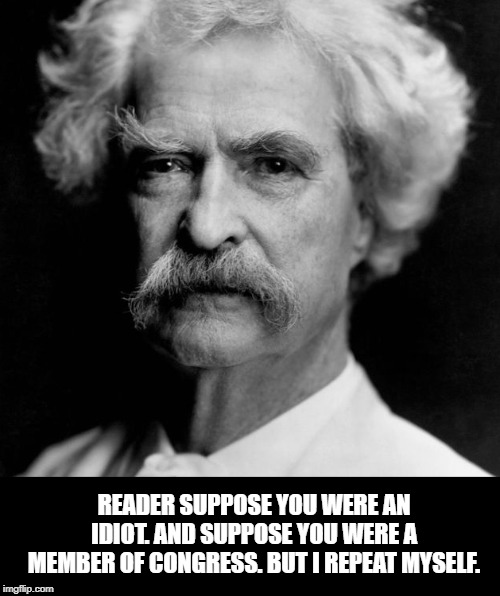 Mark Twain | READER SUPPOSE YOU WERE AN IDIOT. AND SUPPOSE YOU WERE A MEMBER OF CONGRESS. BUT I REPEAT MYSELF. | image tagged in quotes | made w/ Imgflip meme maker