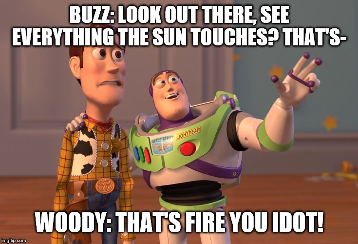 X, X Everywhere | BUZZ: LOOK OUT THERE, SEE EVERYTHING THE SUN TOUCHES? THAT'S-; WOODY: THAT'S FIRE YOU IDOT! | image tagged in memes,x x everywhere | made w/ Imgflip meme maker