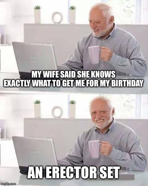 Hide the Pain Harold Meme | MY WIFE SAID SHE KNOWS EXACTLY WHAT TO GET ME FOR MY BIRTHDAY; AN ERECTOR SET | image tagged in memes,hide the pain harold,bad pun,bad puns | made w/ Imgflip meme maker