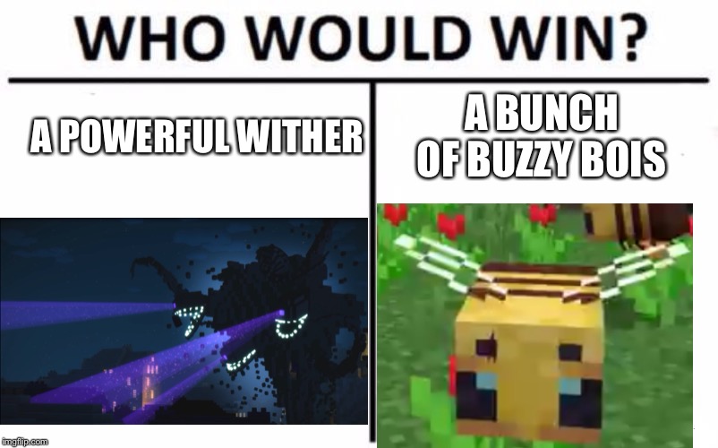 Who Would Win? Meme | A POWERFUL WITHER; A BUNCH OF BUZZY BOIS | image tagged in memes,who would win | made w/ Imgflip meme maker