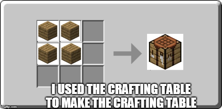 Crafting Table meme | I USED THE CRAFTING TABLE TO MAKE THE CRAFTING TABLE | image tagged in crafting table meme | made w/ Imgflip meme maker