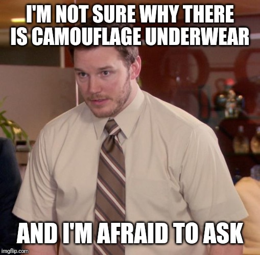 Afraid To Ask Andy Meme | I'M NOT SURE WHY THERE IS CAMOUFLAGE UNDERWEAR; AND I'M AFRAID TO ASK | image tagged in memes,afraid to ask andy | made w/ Imgflip meme maker