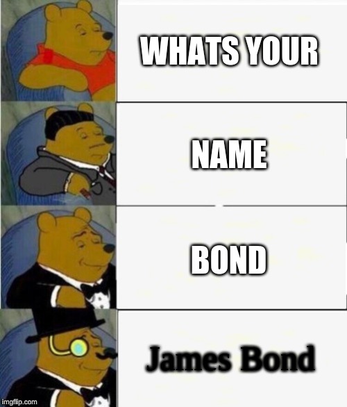 Tuxedo Winnie the Pooh 4 panel | WHATS YOUR; NAME; BOND; James Bond | image tagged in tuxedo winnie the pooh 4 panel | made w/ Imgflip meme maker