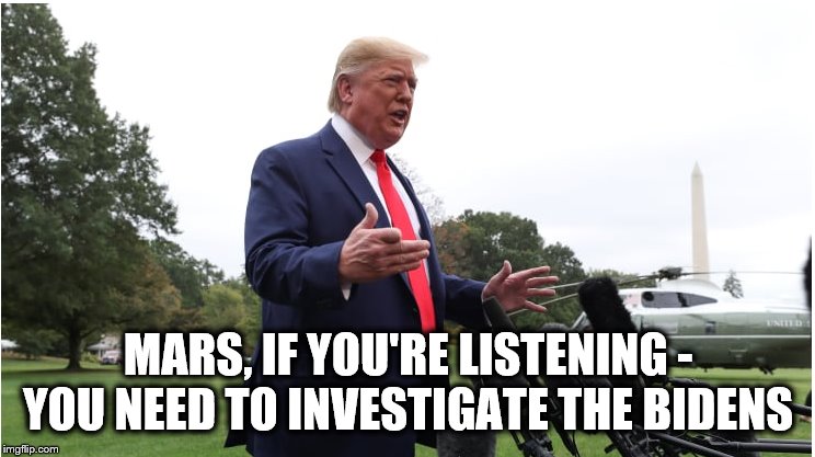 Bat Sh*t Donny | MARS, IF YOU'RE LISTENING - YOU NEED TO INVESTIGATE THE BIDENS | image tagged in donald trump,impeach trump,trump is a moron,insanity | made w/ Imgflip meme maker