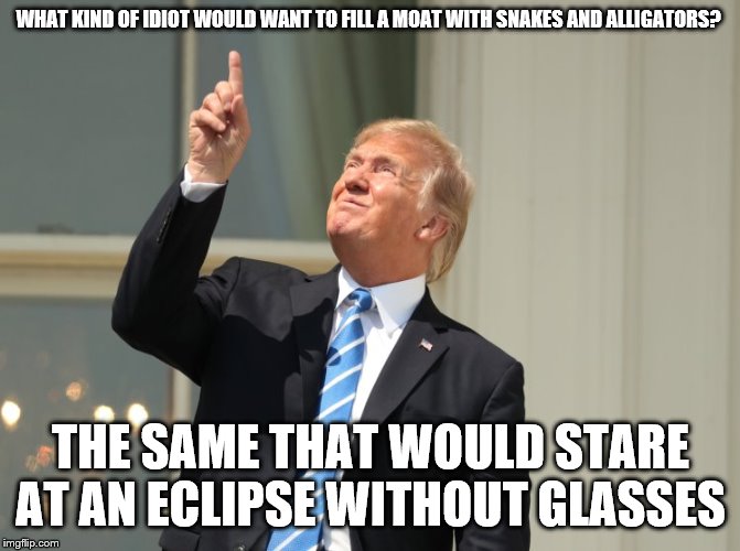 trump eclipse | WHAT KIND OF IDIOT WOULD WANT TO FILL A MOAT WITH SNAKES AND ALLIGATORS? THE SAME THAT WOULD STARE AT AN ECLIPSE WITHOUT GLASSES | image tagged in trump eclipse | made w/ Imgflip meme maker