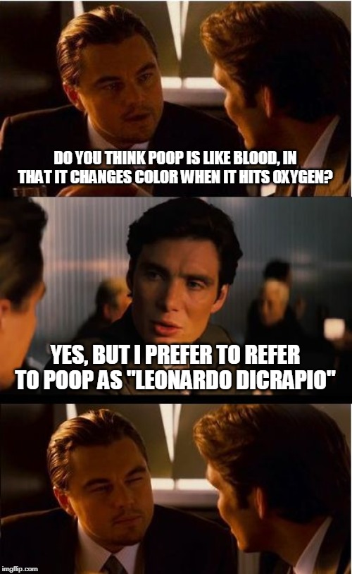 Leo Has a Genuinely Thought-Provoking Thought and Business Guy Just Disses Him Hardcore #BUTTHURTCITYUSA!!! | DO YOU THINK POOP IS LIKE BLOOD, IN THAT IT CHANGES COLOR WHEN IT HITS OXYGEN? YES, BUT I PREFER TO REFER TO POOP AS "LEONARDO DICRAPIO" | image tagged in memes,inception,poop,leonardo dicaprio,crap | made w/ Imgflip meme maker
