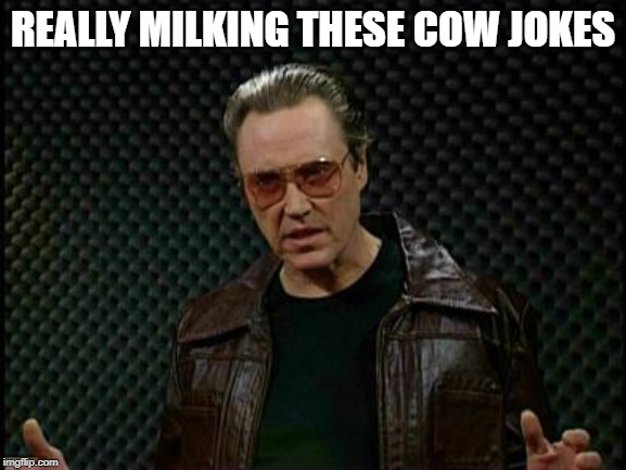 Needs More Cowbell | REALLY MILKING THESE COW JOKES | image tagged in needs more cowbell | made w/ Imgflip meme maker