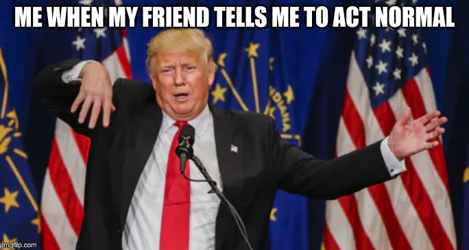 Trump Wiggly Arms | ME WHEN MY FRIEND TELLS ME TO ACT NORMAL | image tagged in trump wiggly arms,memes,fun,trump,donald trump,dolan | made w/ Imgflip meme maker