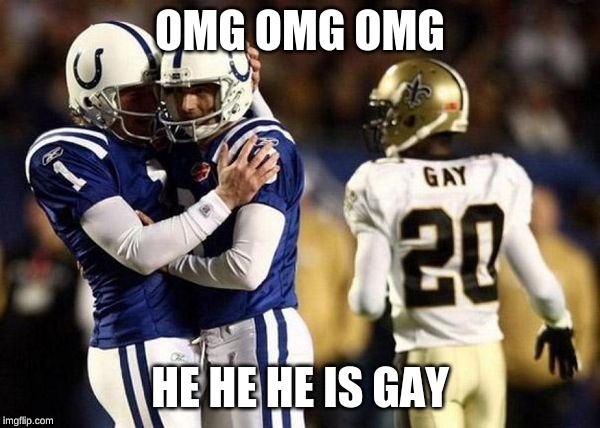 Football Gay | OMG OMG OMG; HE HE HE IS GAY | image tagged in football gay | made w/ Imgflip meme maker