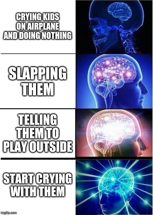 Expanding Brain | CRYING KIDS ON AIRPLANE AND DOING NOTHING; SLAPPING THEM; TELLING THEM TO PLAY OUTSIDE; START CRYING WITH THEM | image tagged in memes,expanding brain | made w/ Imgflip meme maker