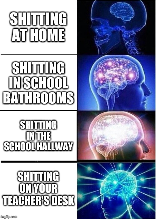 Expanding Brain Meme | SHITTING AT HOME; SHITTING IN SCHOOL BATHROOMS; SHITTING IN THE SCHOOL HALLWAY; SHITTING ON YOUR TEACHER'S DESK | image tagged in memes,expanding brain | made w/ Imgflip meme maker